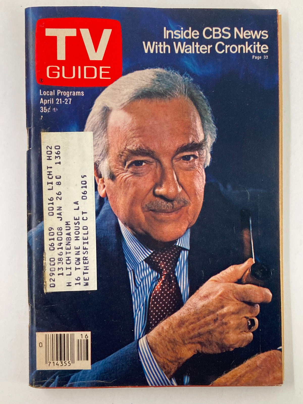 Cover of TV Guide Magazine April 21 1979 featuring Walter Cronkite, showcasing the theme 'Inside CBS News' with local programs and pricing details for that week.