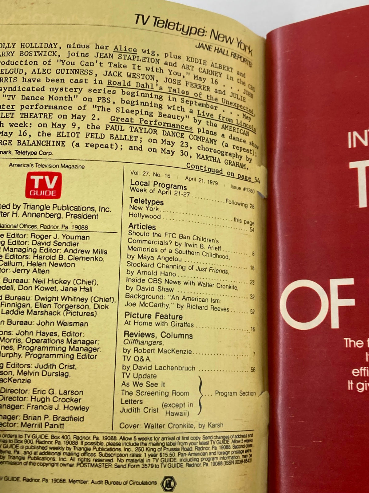 Interior page of the TV Guide Magazine April 21 1979 displaying the TV Teletype New York section with program listings and highlights for the week.