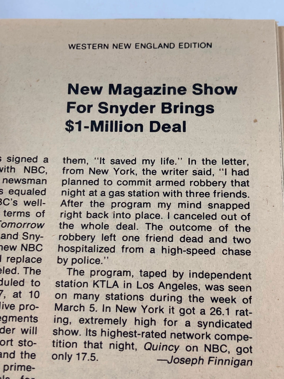 Text from TV Guide Magazine April 21 1979 detailing a Western New England Edition article about a new magazine show deal for Snyder, reflecting the entertainment landscape of the time.