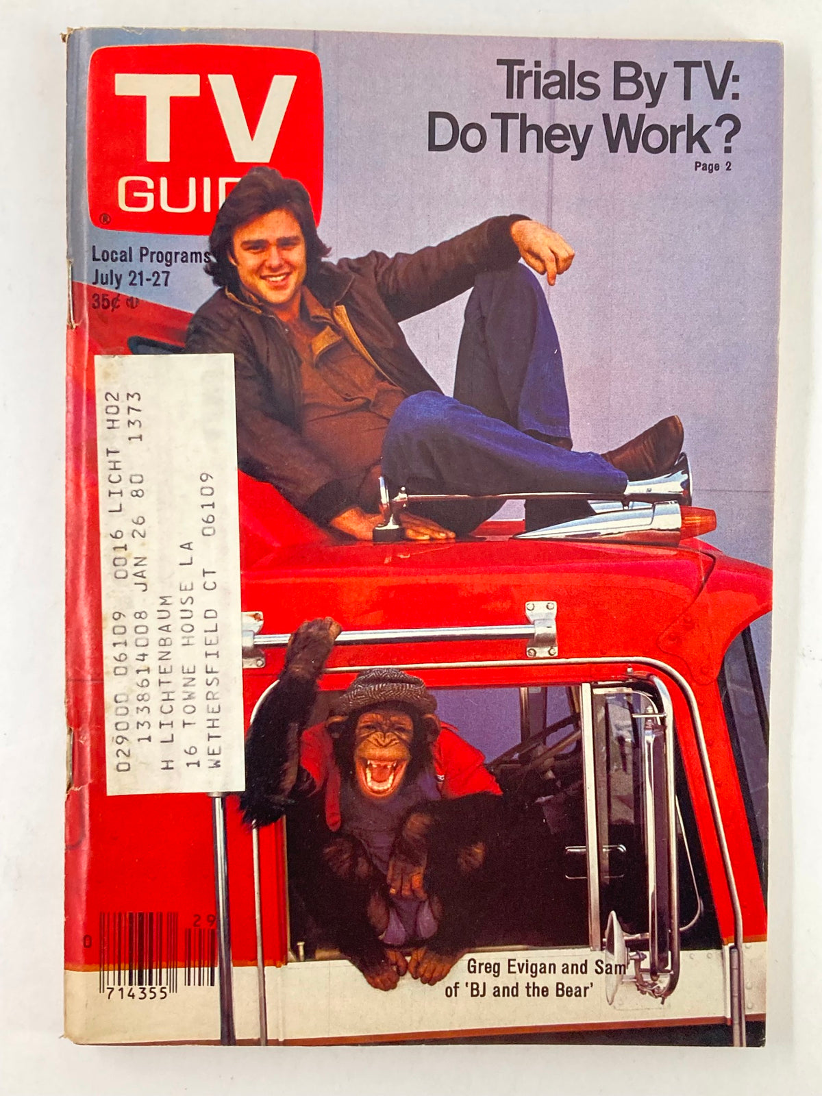 Cover of TV Guide Magazine July 21, 1979 featuring Greg Evigan and Sam Western, showcasing their roles in 'BJ and the Bear'. The cover includes the title 'Trials By TV: Do They Work?' and highlights local programs for the week.