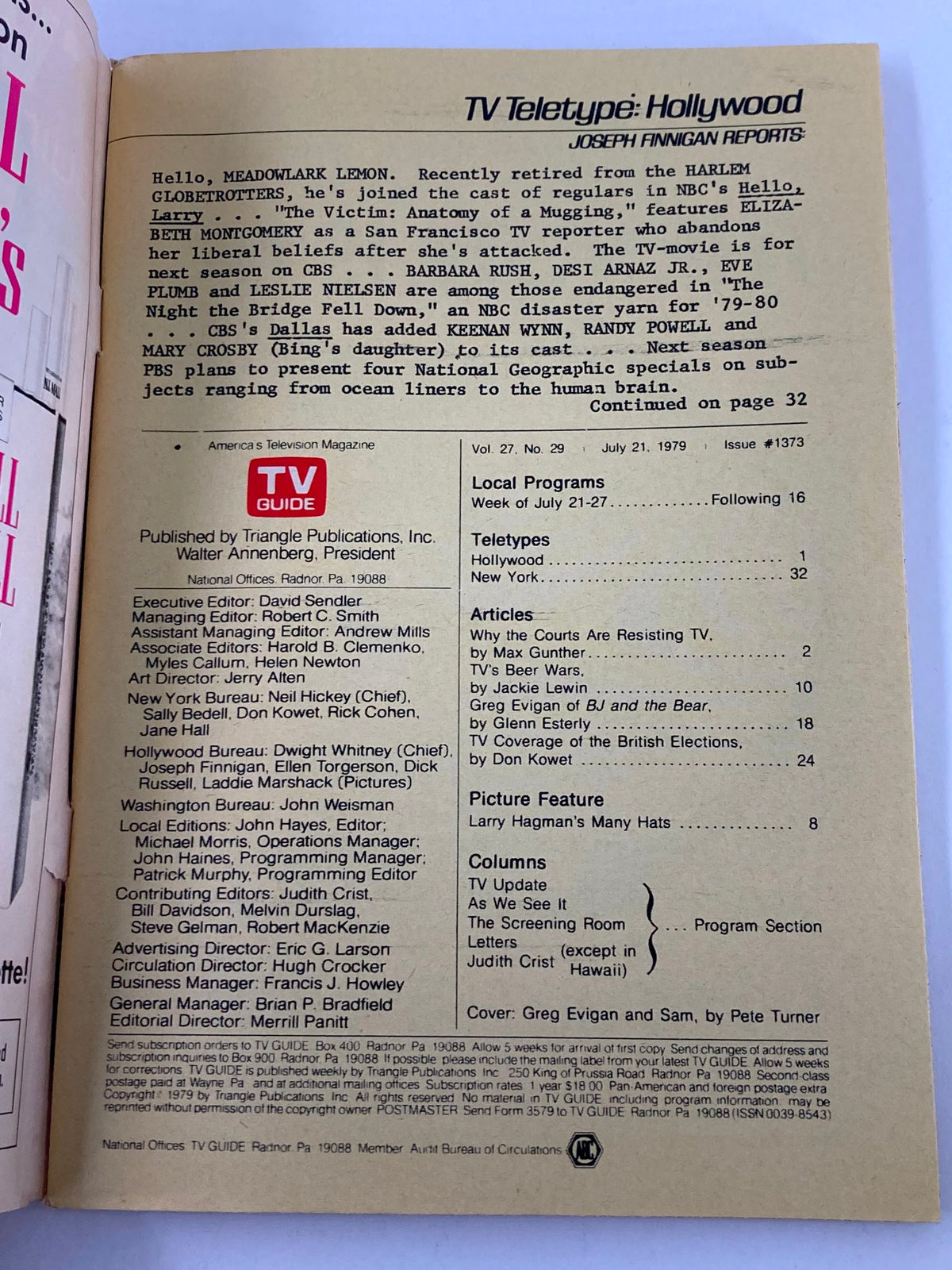 Inside page of TV Guide Magazine July 21, 1979 showing the TV Teletype section with updates on Hollywood events and programming information. This page features details on new shows and cast updates.