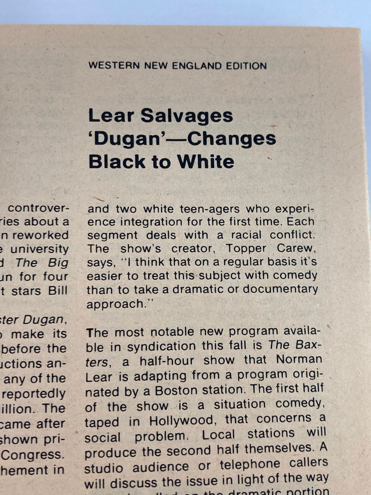 An article page from TV Guide Magazine July 21, 1979 discussing the show 'Dugan', highlighting racial integration themes and changes in the cast from black to white. This reflects the magazine's coverage of significant television trends.