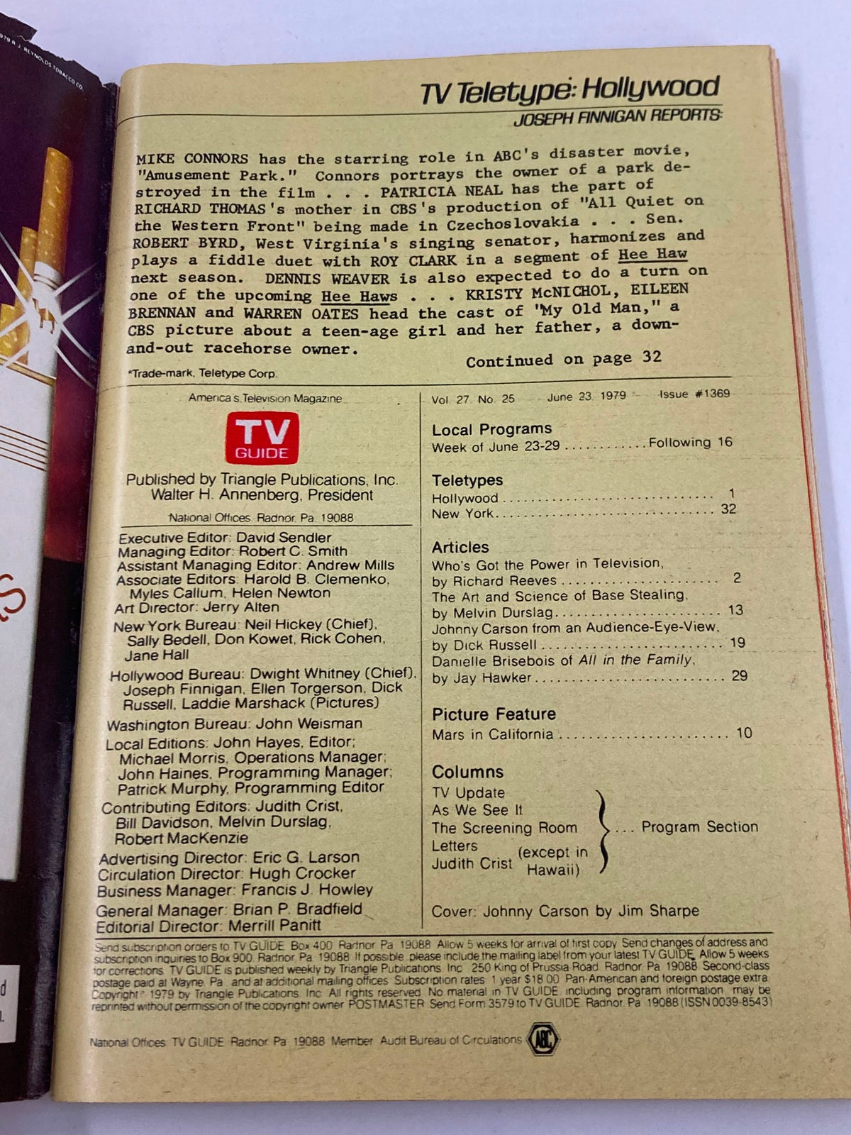 Inside page of TV Guide Magazine June 23 1979 issue #1369, featuring television news and articles from the late 1970s, showcasing television culture of the era.