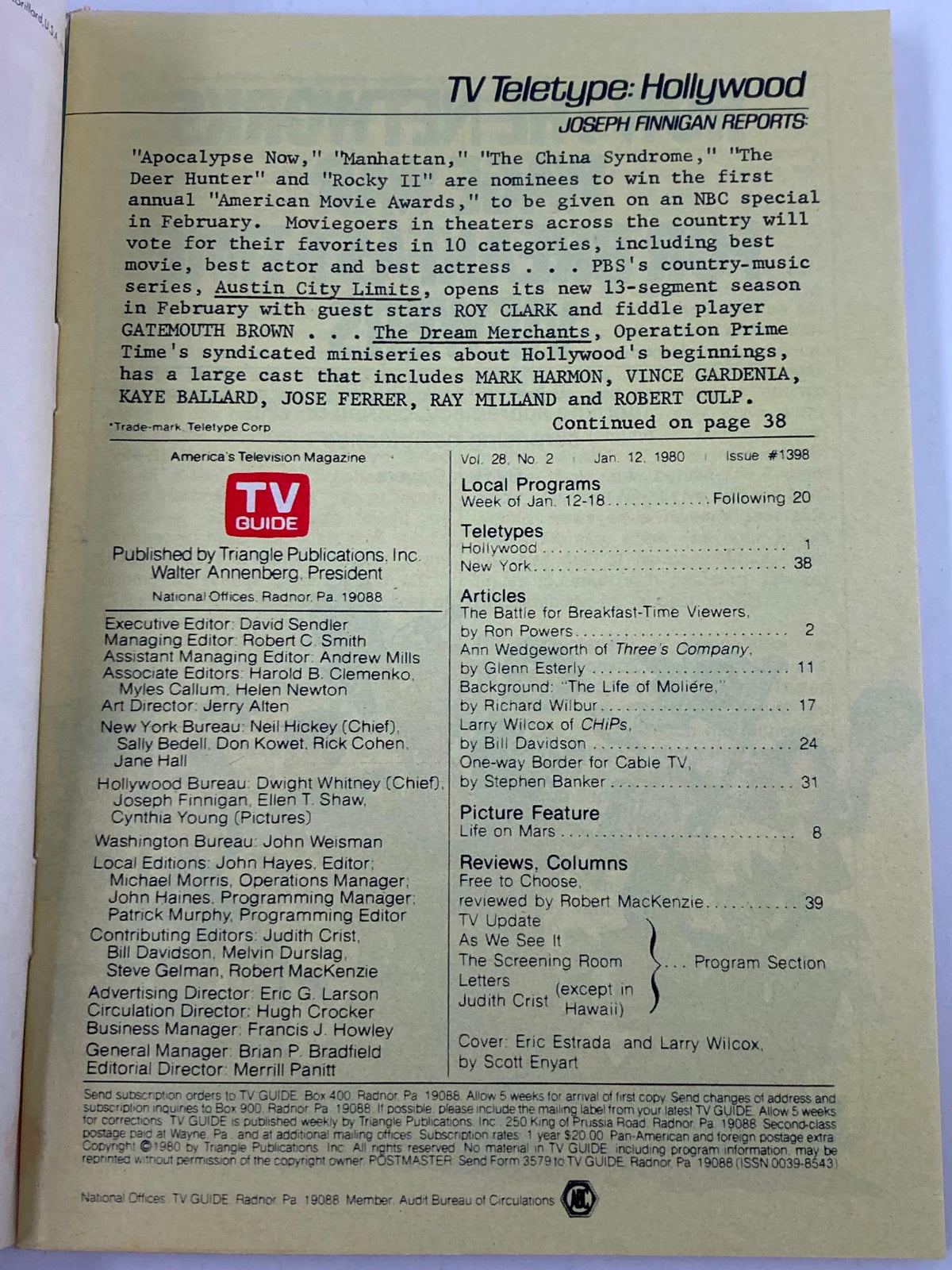 Interior page of TV Guide Magazine January 12 1980 detailing Hollywood television programs and movie nominations, highlighting cultural insights from the era.