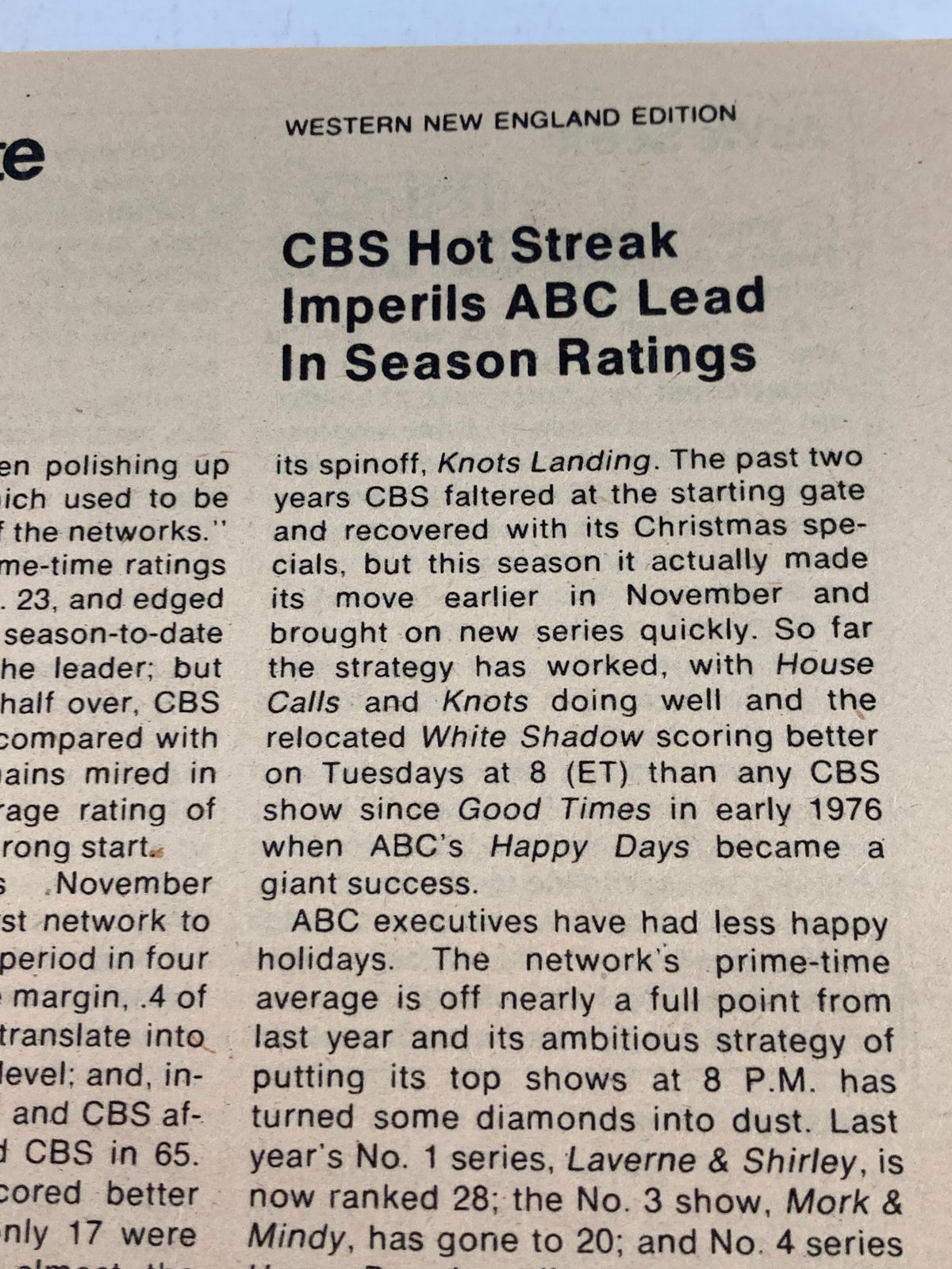 Article page from TV Guide Magazine January 12 1980 discussing CBS's ratings and television programming strategies during the 1979-1980 broadcast season.