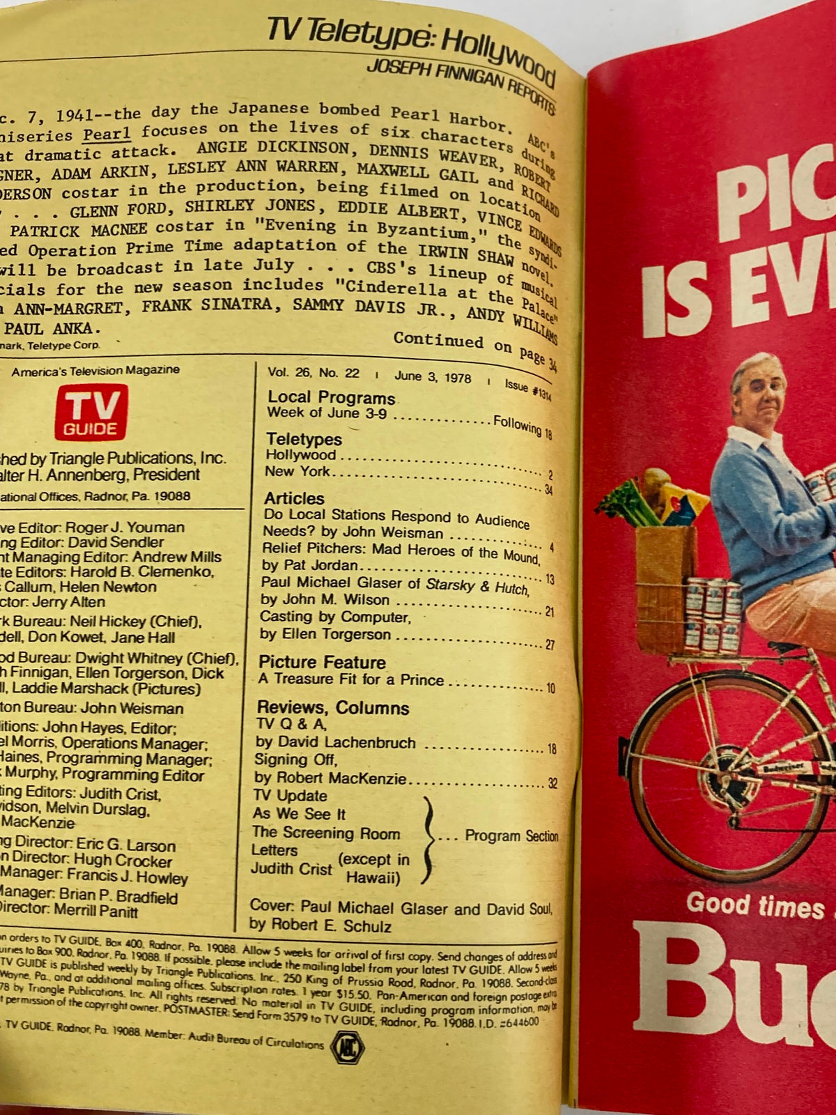 Interior page of TV Guide Magazine June 3, 1978, highlighting articles and programming featuring Paul Michael Glaser of 'Starsky & Hutch.' Provides insights into the television landscape of the late 1970s.