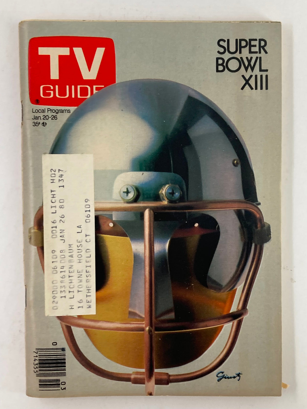 TV Guide Magazine January 20 1979 cover featuring artwork by George Giusti, showcasing a Super Bowl XIII football helmet design.