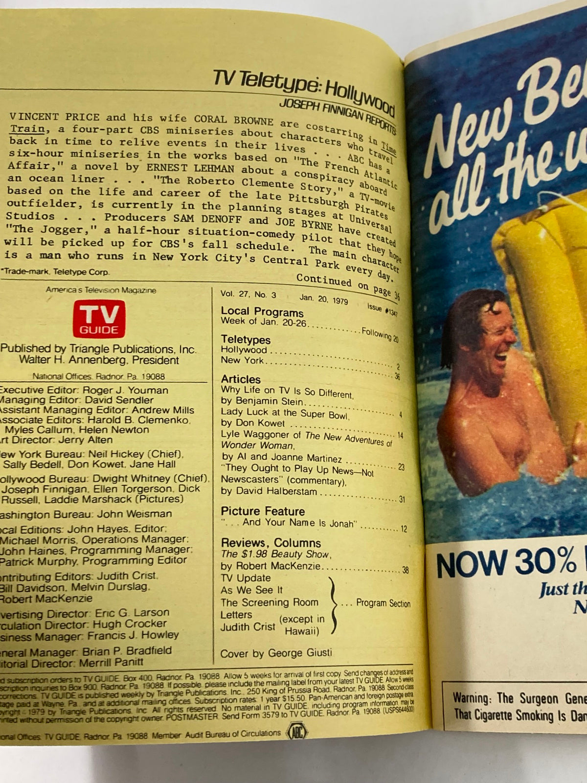 Inside page of TV Guide Magazine January 20 1979, featuring a Hollywood teletype news section with entertainment updates.