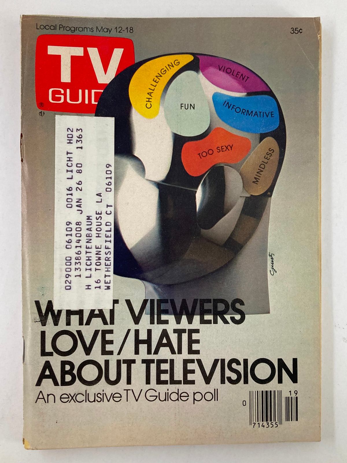 Cover of TV Guide Magazine May 12 1979 featuring a sculpture by Giusti, depicting viewer opinions on television with colorful bubbles labeled 'Challenging', 'Fun', 'Informative', and others.