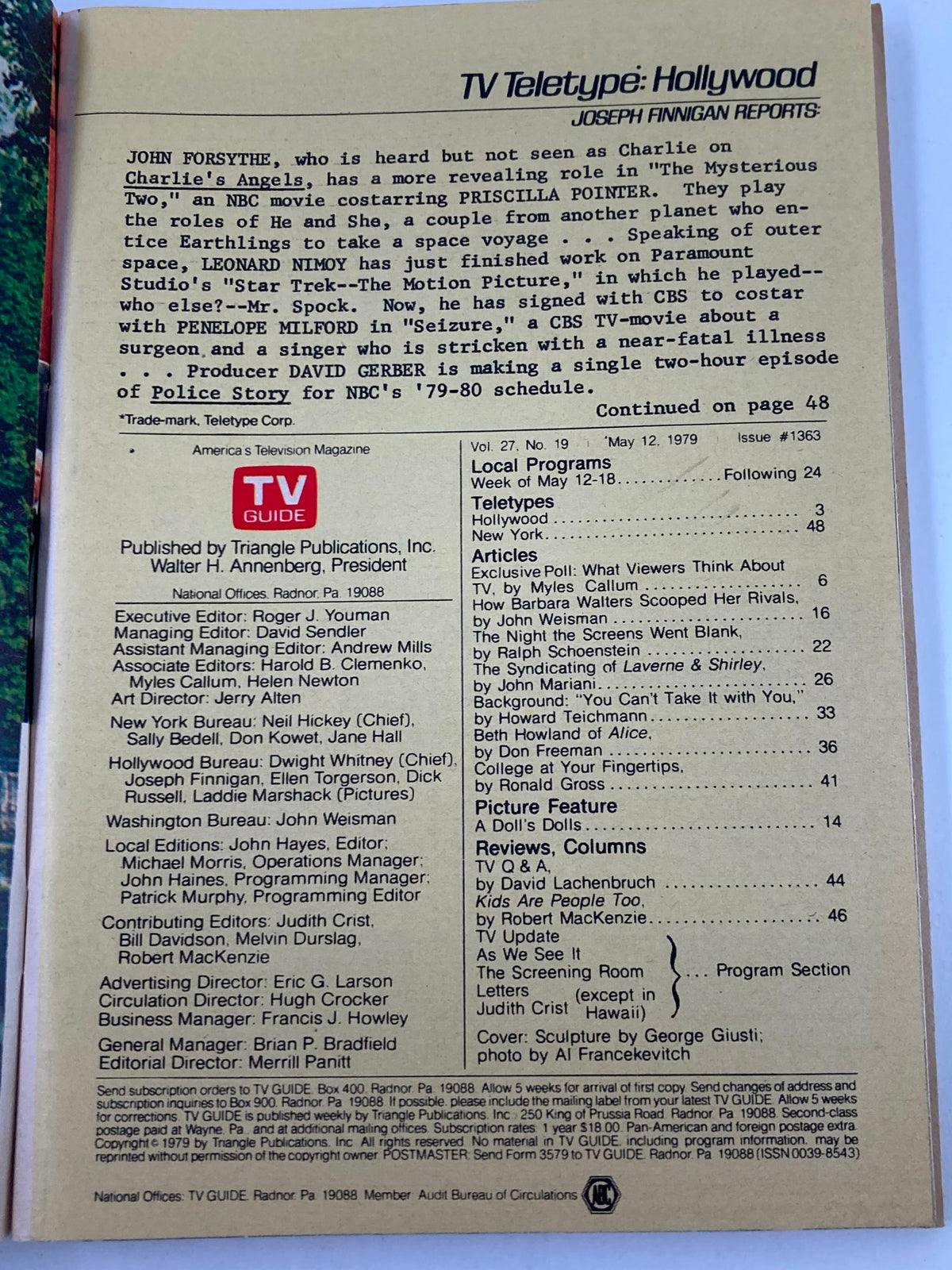 Interior page of TV Guide Magazine May 12 1979, showcasing TV Teletype news and articles about Hollywood, including actors Leonard Nimoy and John Forsythe.