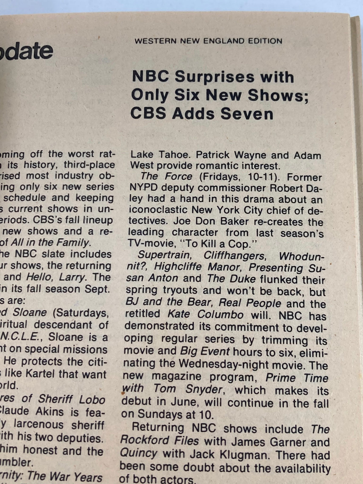 A Western New England edition page of TV Guide Magazine May 12 1979 highlighting NBC's new shows and CBS's lineup additions, with a focus on the changing television landscape.