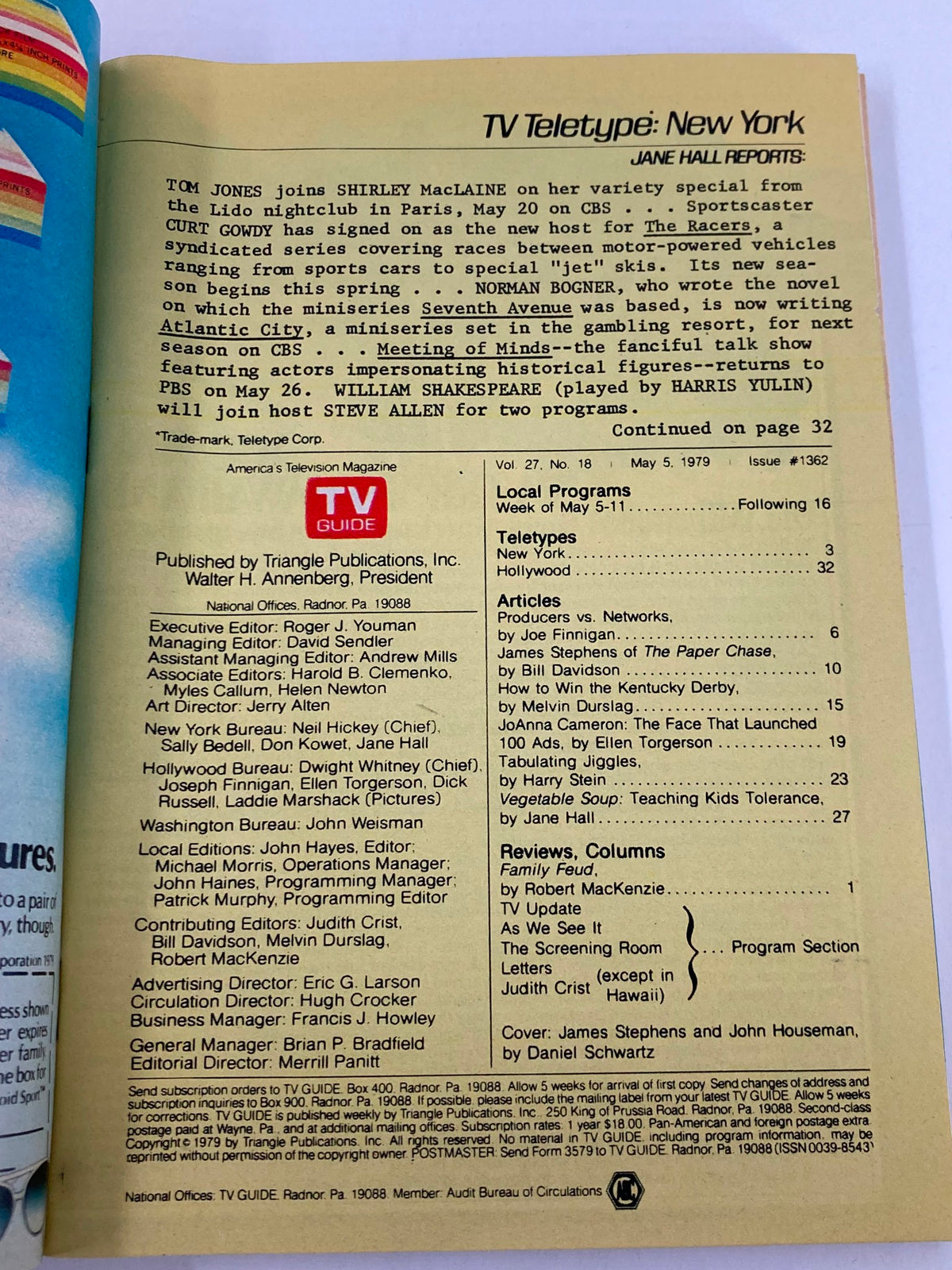 Back cover of TV Guide Magazine May 5, 1979 #1362 displaying detailed articles and program listings for the week.