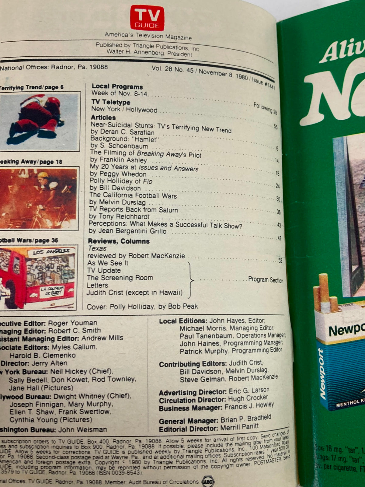 Inside view of TV Guide Magazine from November 8, 1980 featuring the content page, including articles and local programming, highlighting Polly Holliday as the cover star.