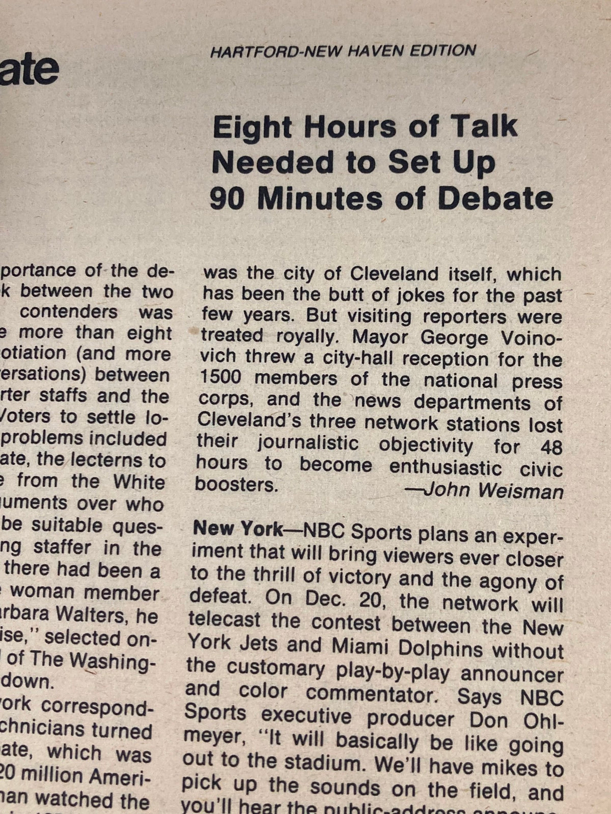 Article excerpt from TV Guide Magazine November 8, 1980 in the Hartford-New Haven Edition, discussing the setup of a televised debate and the involvement of local media.