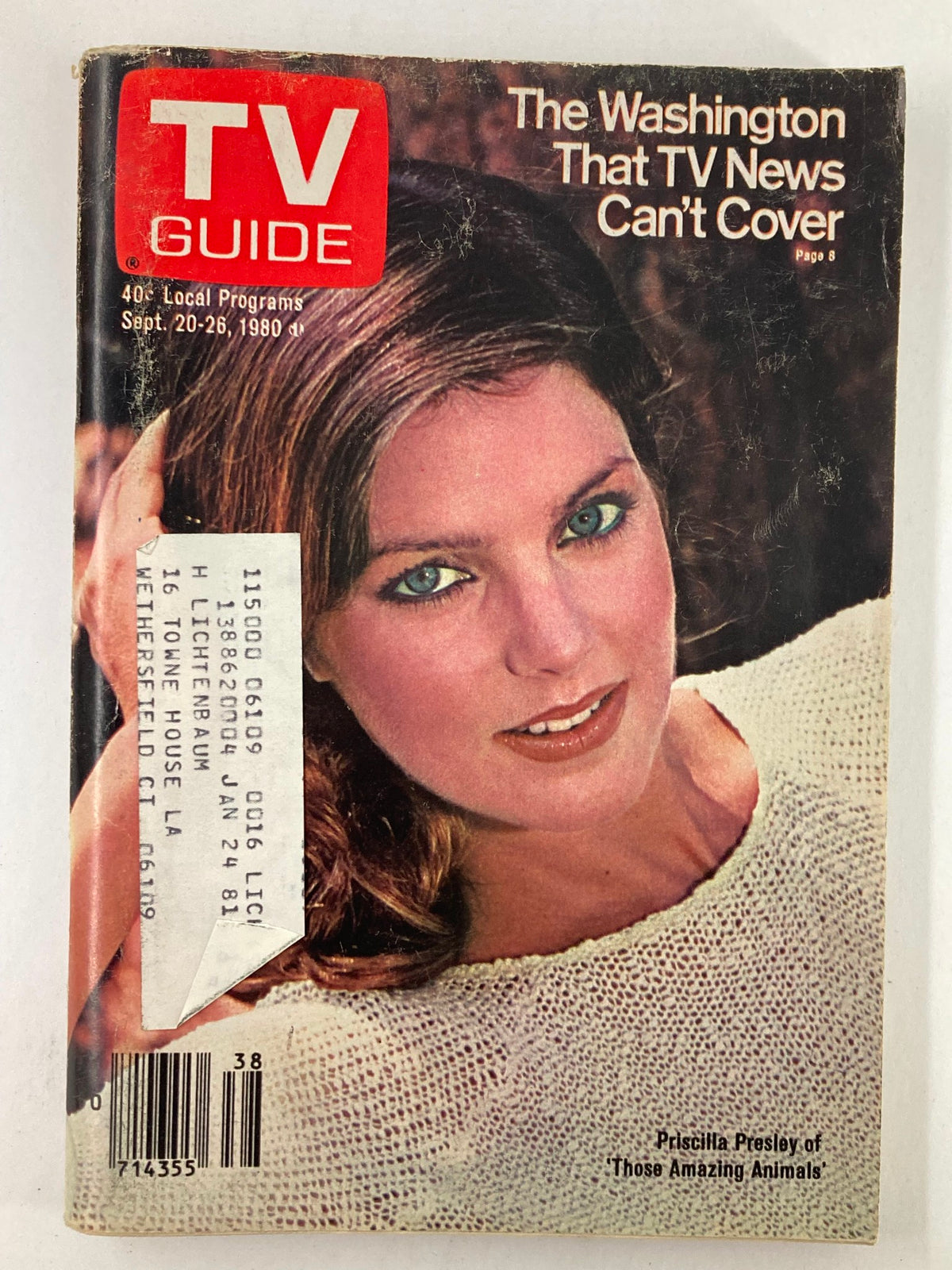 Cover of TV Guide Magazine September 28, 1980 featuring Priscilla Presley, showcasing her iconic look with the title 'Priscilla Presley of Those Amazing Animals' along with a vintage magazine label.