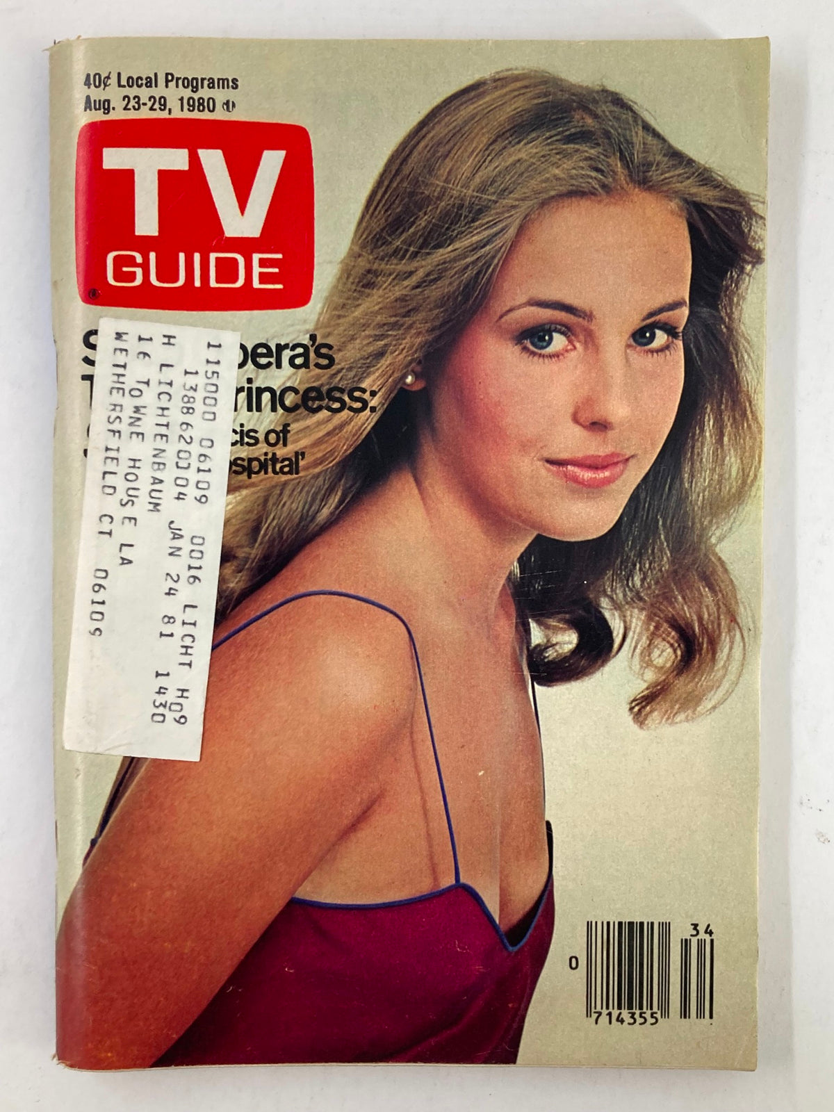 Cover image of TV Guide Magazine August 23, 1980, issue #1430 featuring Gene Francis with a vibrant portrait and a protective address label, highlighting the nostalgia of early 1980s television.