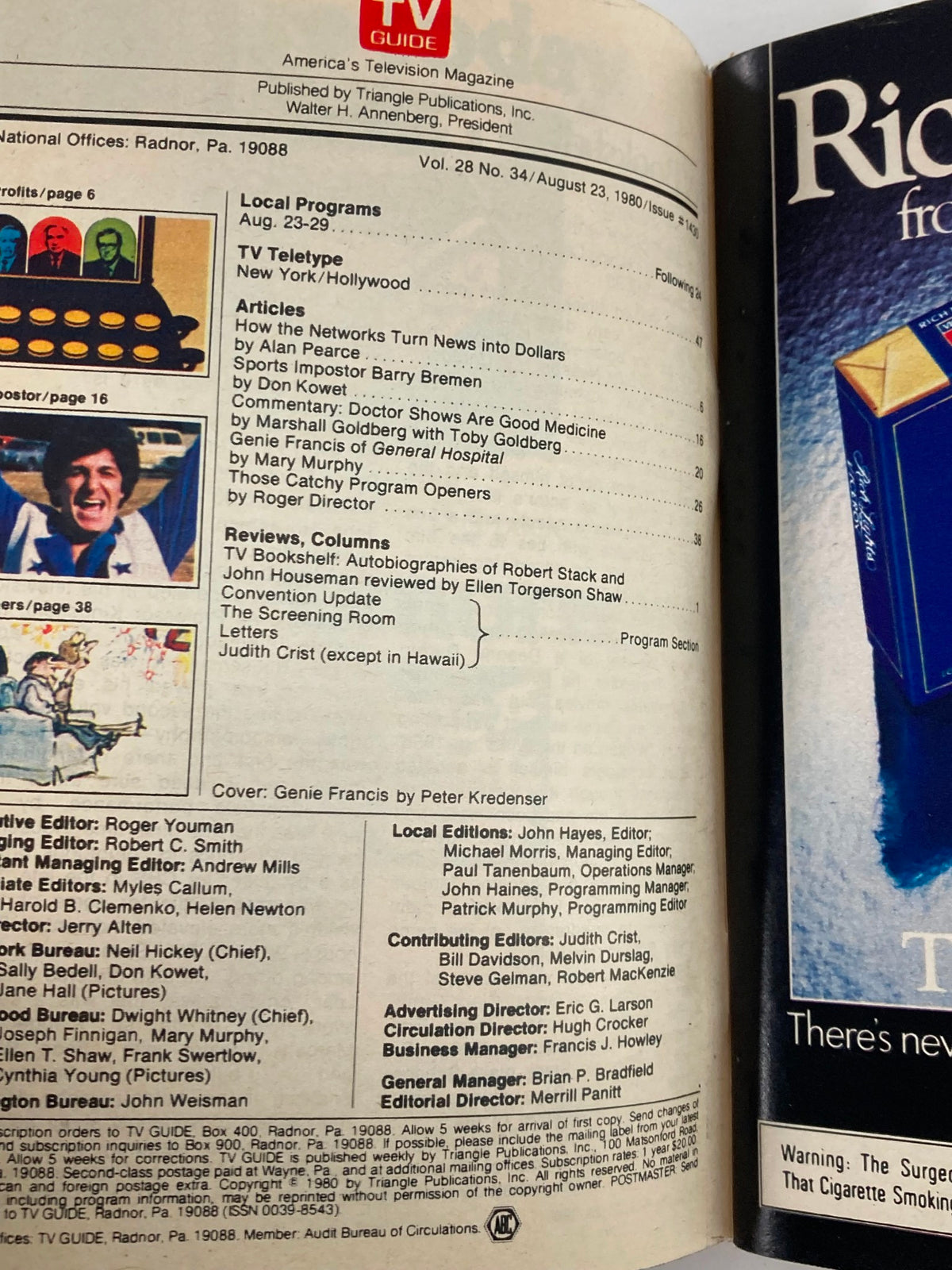 Interior page of TV Guide Magazine August 23, 1980, issue #1430 showcasing articles and local program listings with a spotlight on Genie Francis and the entertainment landscape of that era.