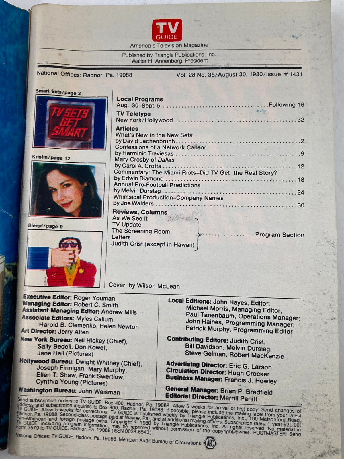 Inside page of TV Guide Magazine from August 30, 1980, displaying content page with articles like 'Confessions of a Network Censor' and coverage of local programming.