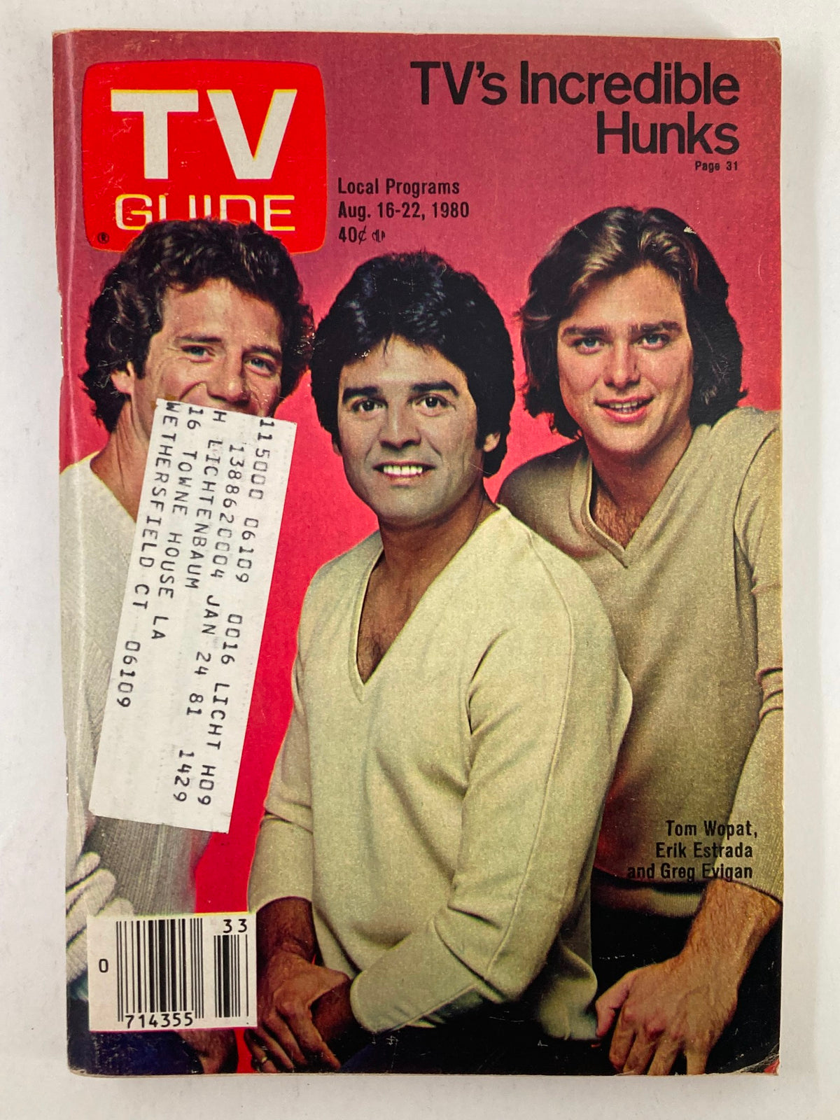 Cover of TV Guide Magazine August 16, 1980 #1429 featuring Tom Wopat, Erik Estrada, and Greg Evigan, highlighting the theme 'TV's Incredible Hunks'.