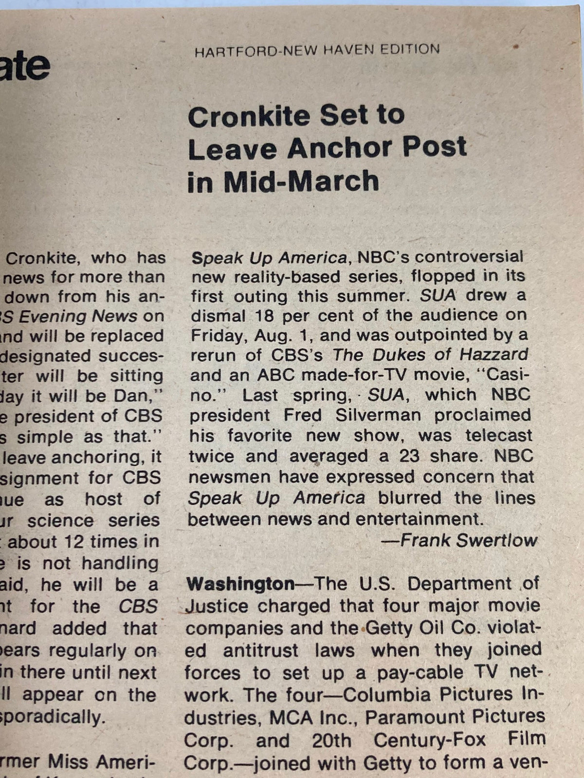 Article page from TV Guide Magazine August 16, 1980 #1429 focusing on news about Walter Cronkite leaving his anchor post and entertainment updates.