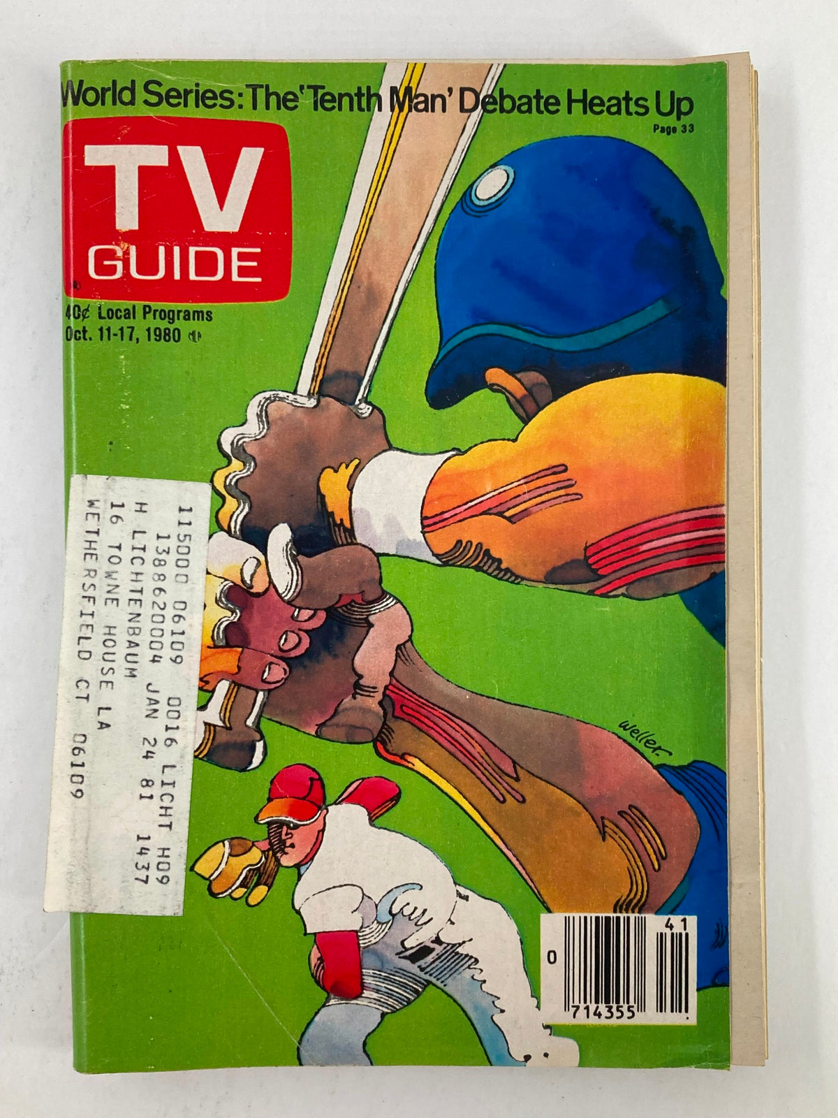 Cover of TV Guide Magazine dated October 11, 1980, featuring the title 'The Tenth-Man' with colorful illustration of a baseball player and information about local programs for Hartford-New Haven edition.