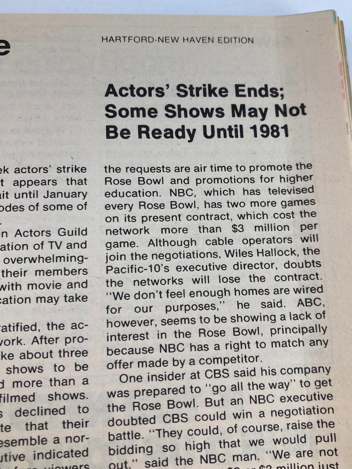 Article page from the Hartford-New Haven edition of TV Guide Magazine, dated October 11, 1980, discussing the end of the actors' strike and its impact on television shows in 1981.