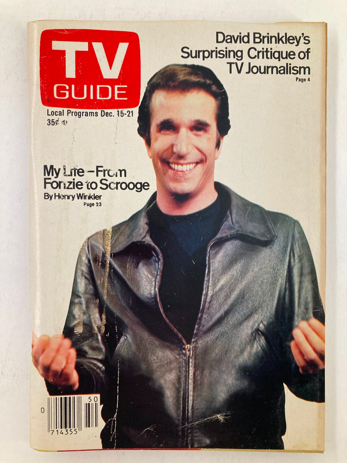 Cover of TV Guide Magazine December 15 1979 featuring Henry Winkler, showcasing the iconic television star known for his role as the Fonz on 'Happy Days'. The magazine includes articles about local programs and a critique of TV journalism.