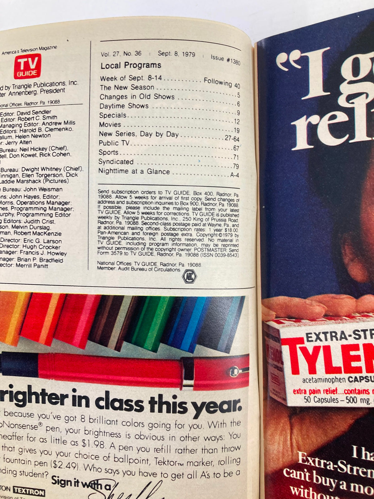Inside page of TV Guide Magazine September 8 1979 showing local program listings and features for the week.