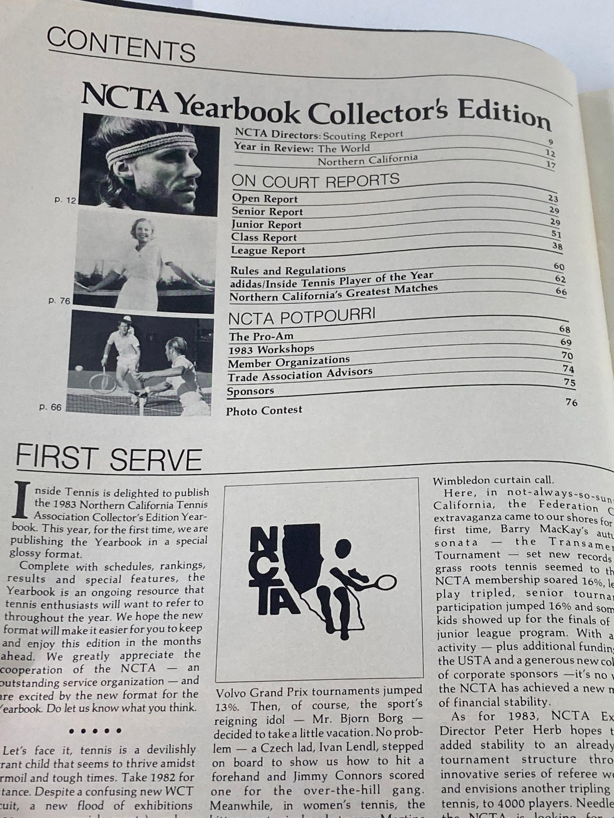 Inside page of the 'Inside Tennis Magazine January 1983' featuring the table of contents and detailed sections from the NCTA Yearbook 1983.