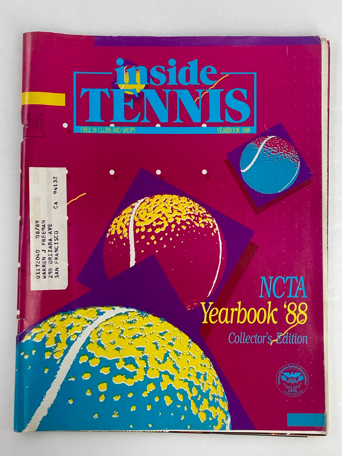 Cover of the VTG Inside Tennis Magazine 1988 NCTA Yearbook Collector's Edition, featuring vibrant colors and tennis-themed graphics including tennis balls and a bold title.