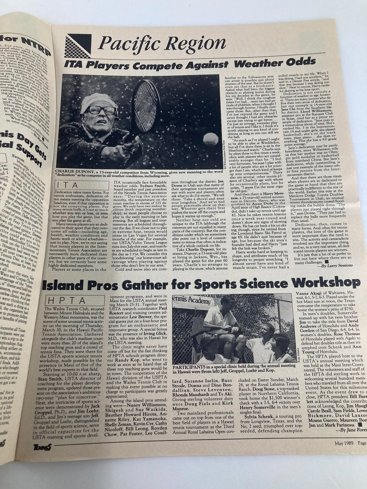 VTG Tennis USA Magazine May 1989 Vol 11 #5 page showing the 'Pacific Region' section with details on ITA players competing against weather conditions, featuring an image of a player in snow.