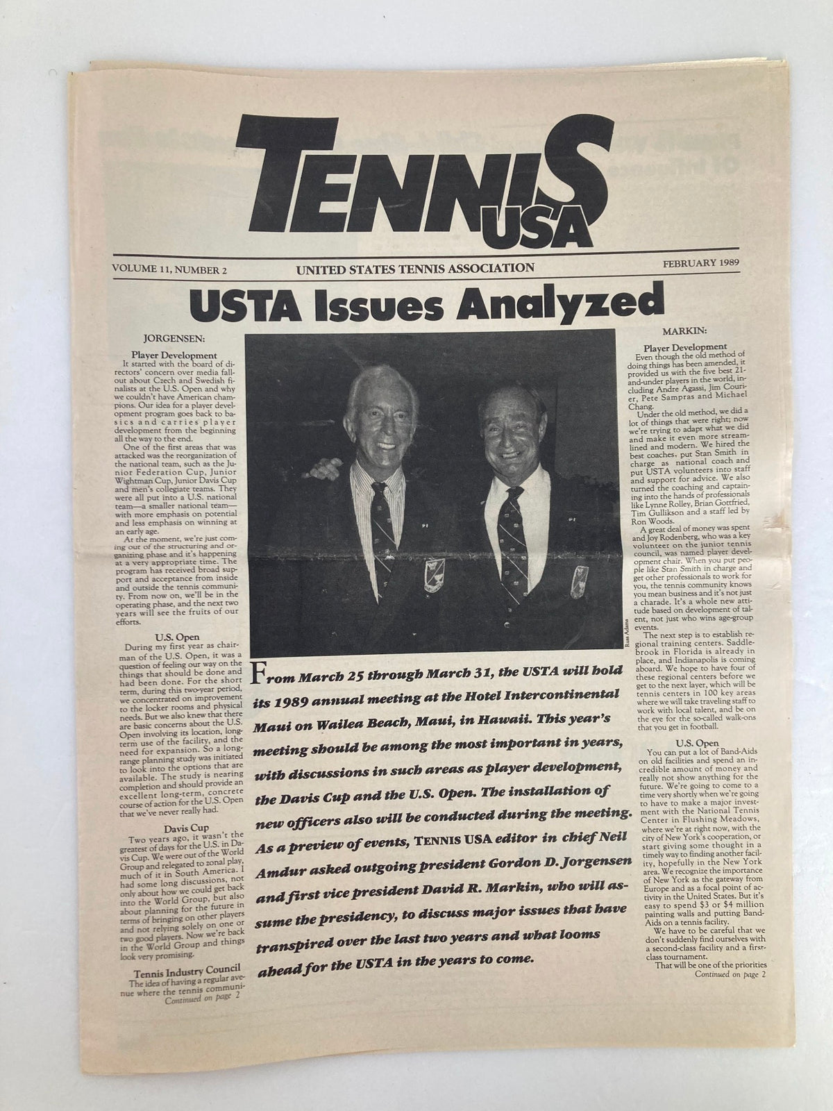 Vintage Tennis USA Magazine February 1989 Vol 11 #2 featuring USTA issues analyzed, with photographs of tennis leaders Gordon D. Jorgensen and David R. Markin discussing player development and the upcoming U.S. Open.
