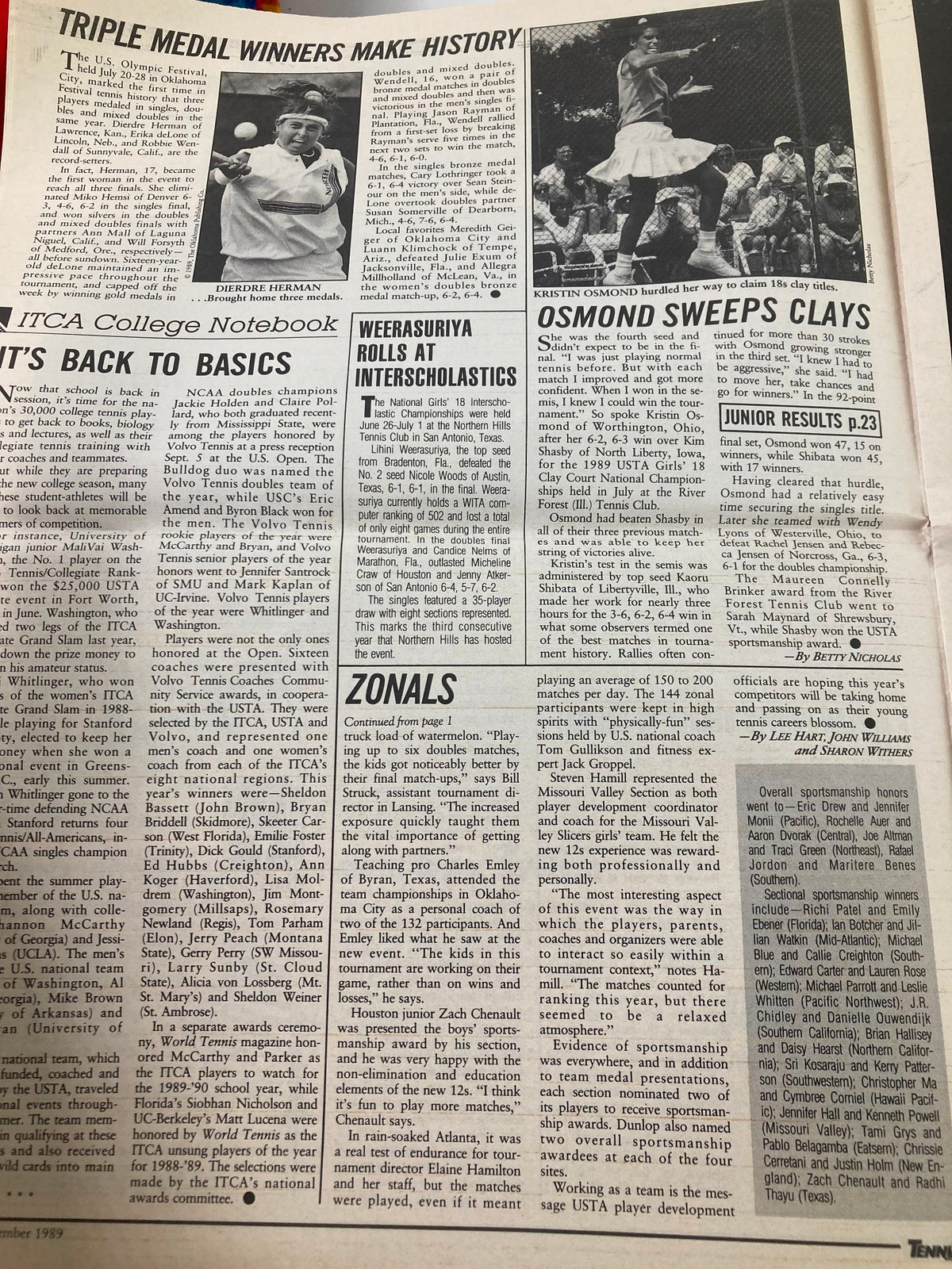 Tennis USA Magazine September 1989 featuring an article titled 'Triple Medal Winners Make History' showcasing Diedre Herman, the U.S. Olympic Festival medalist, alongside coverage of youth tennis competitions and results.