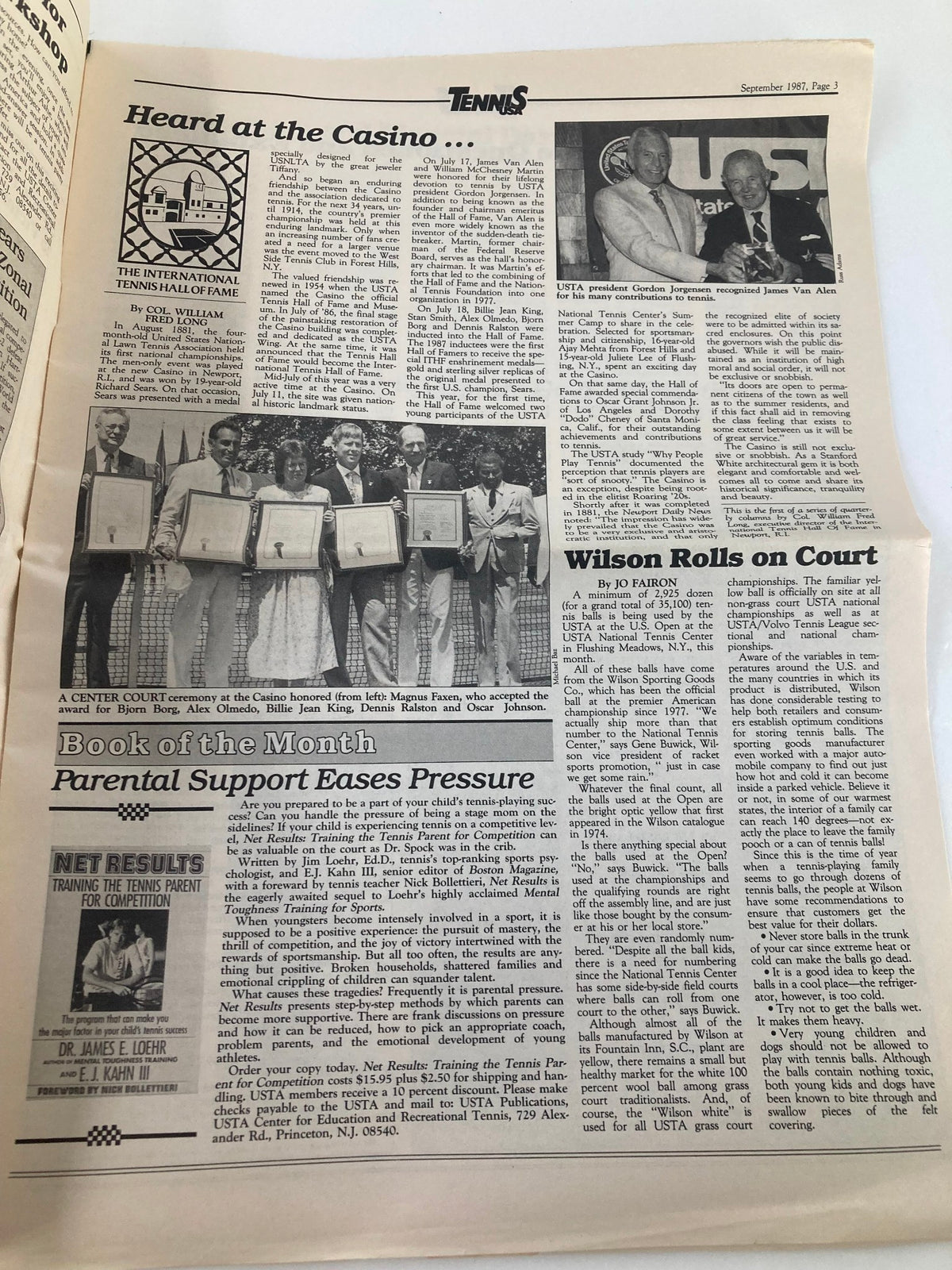 Interior page of Tennis USA Magazine September 1987 discussing award ceremonies at the International Tennis Hall of Fame and notable contributors to tennis.