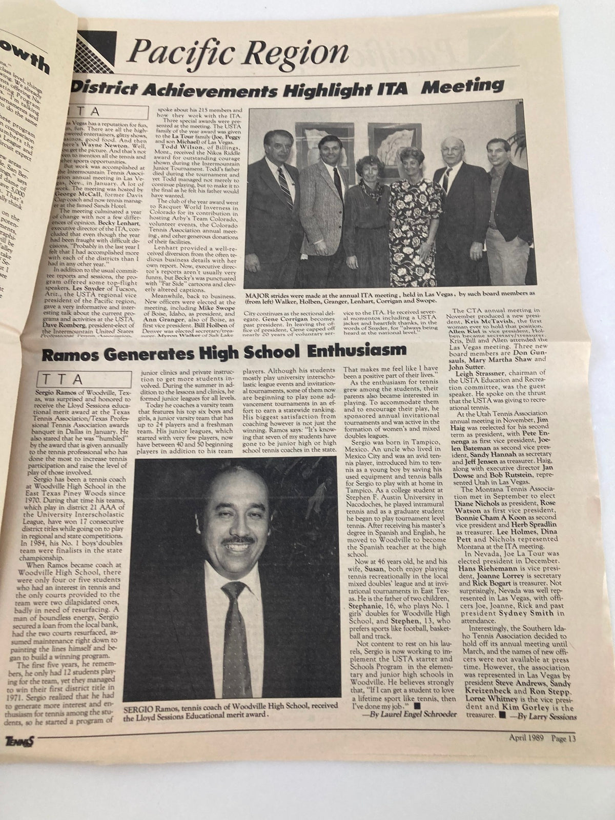 VTG Tennis USA Magazine April 1989 Vol 11 #4 displaying the 'Pacific Region' section with highlights from the ITA Meeting. The image features group photographs and text discussing achievements in tennis and education.