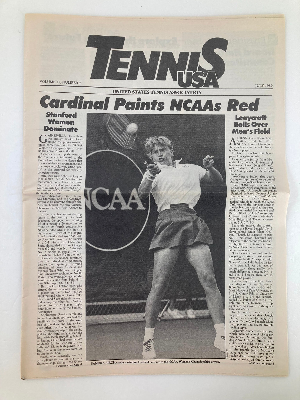 Tennis USA Magazine cover featuring Sandra Birch, July 1989 Vol 11 #7, highlighting women's NCAA tennis and Stanford's dominance.