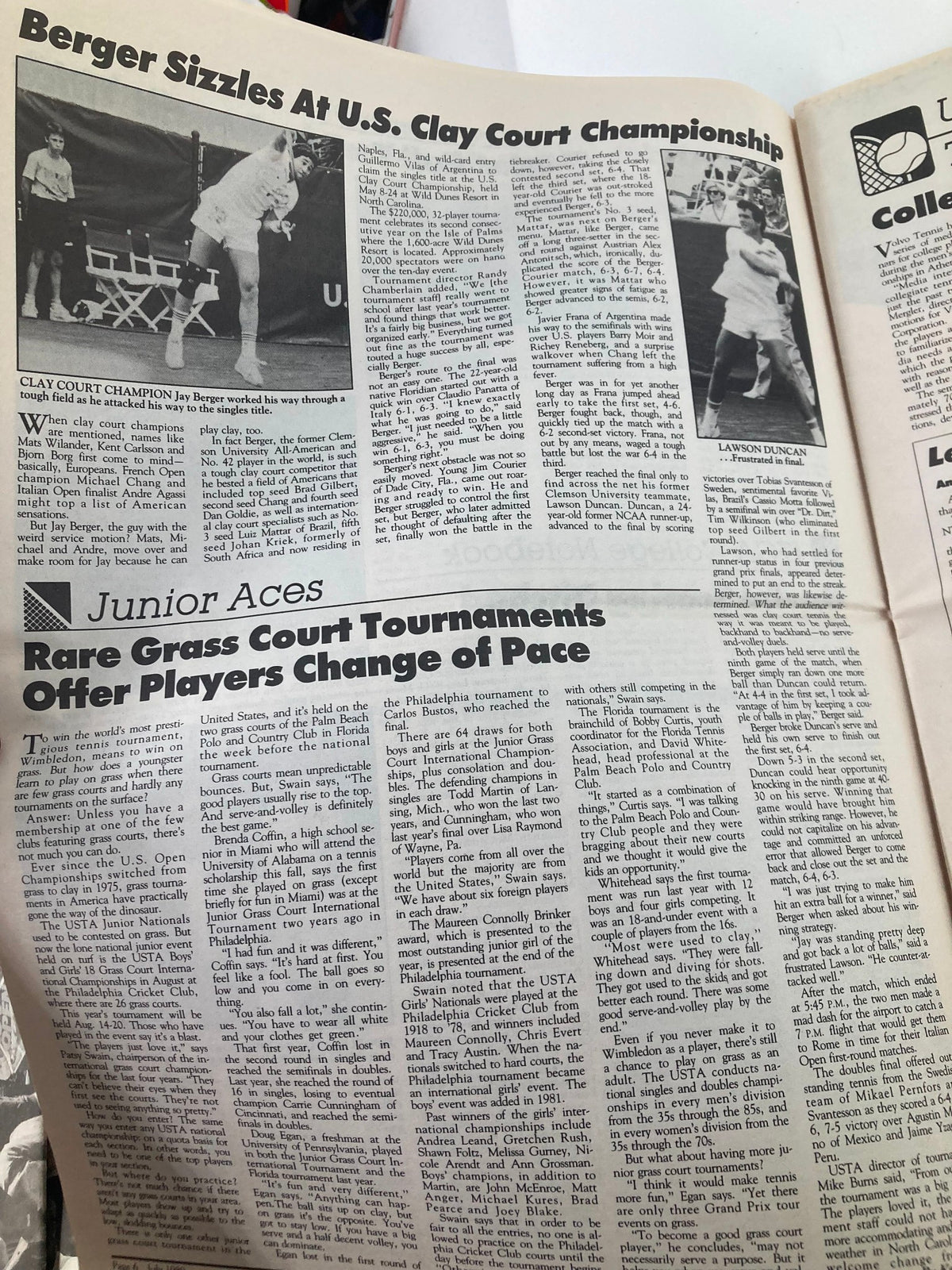 Interior page of Tennis USA Magazine, July 1989 Vol 11 #7, showcasing articles about notable tennis events including the U.S. Clay Court Championship.