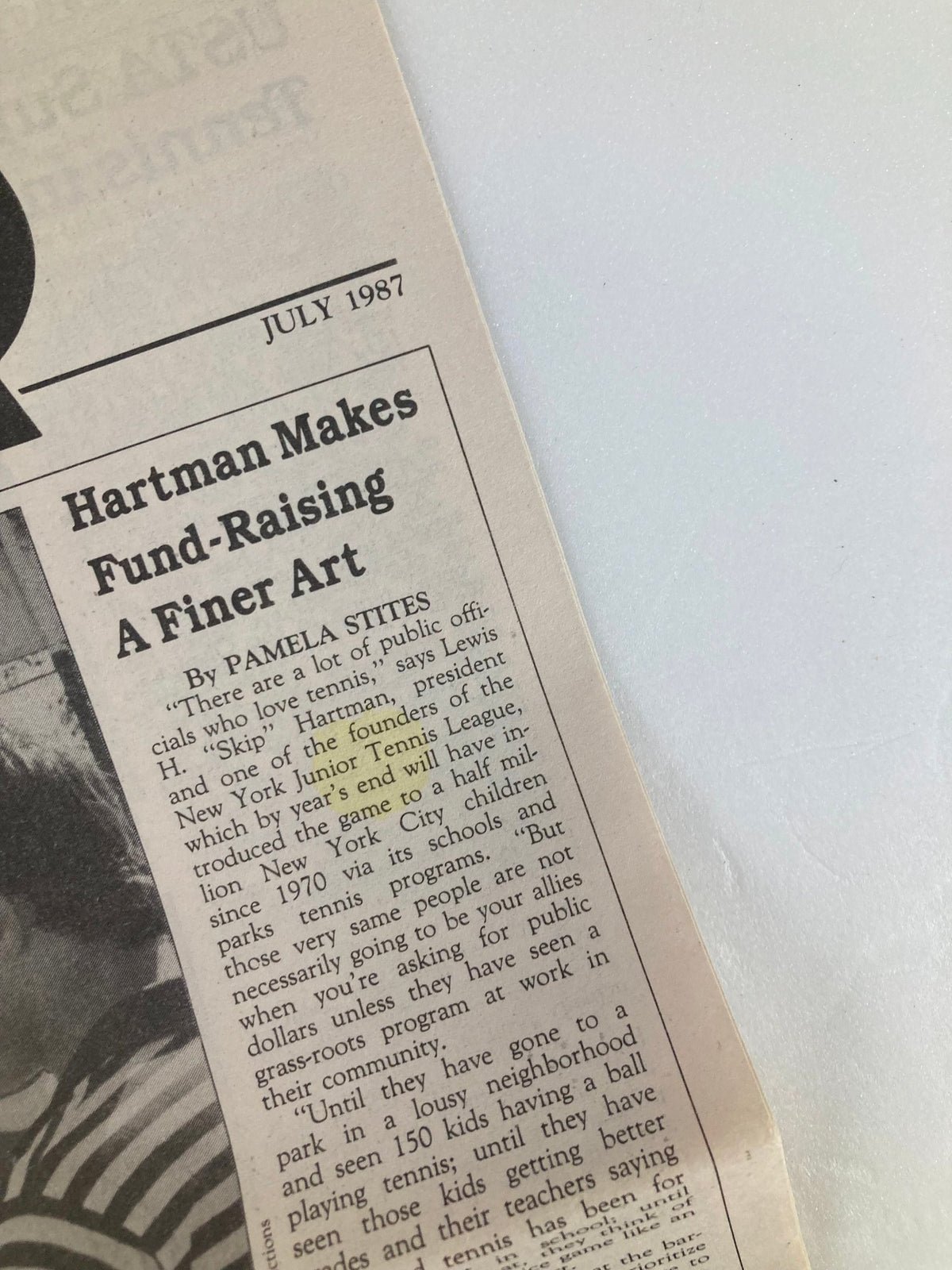 Inside page of Tennis USA Magazine July 1987 Vol 9 #7 showcasing the article 'Hartman Makes Fund-Raising A Finer Art' focusing on public officials promoting tennis.