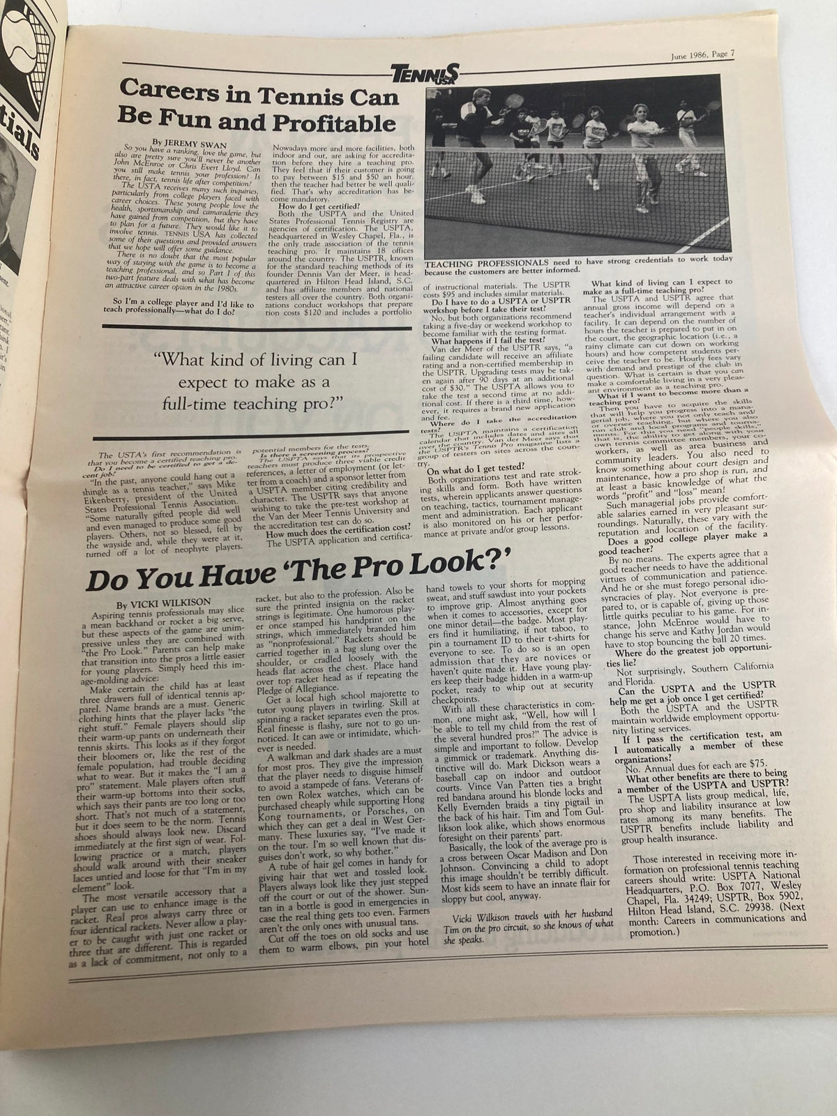 Inside page of the Tennis USA magazine June 1986 Vol 8 #6 discussing careers in tennis and the professional look with relevant illustrations.