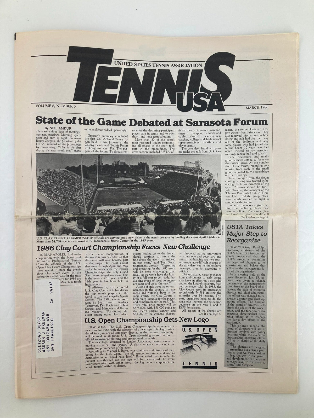 Cover page of VTG Tennis USA Magazine March 1986 Vol 8 #3, featuring the headline 'State of the Game Debated at Sarasota Forum' with a background image of a tennis stadium filled with spectators.