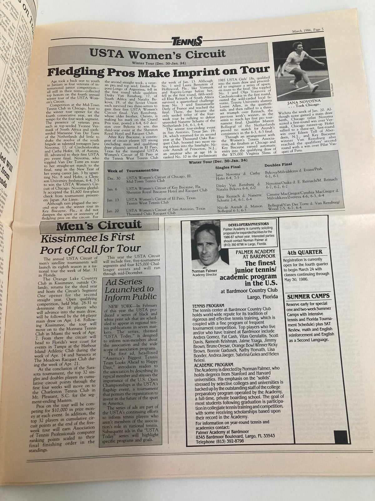 Inside page of VTG Tennis USA Magazine March 1986 Vol 8 #3, highlighting the USTA Women's Circuit and showcasing articles about emerging tennis pros and their impact on the tour.