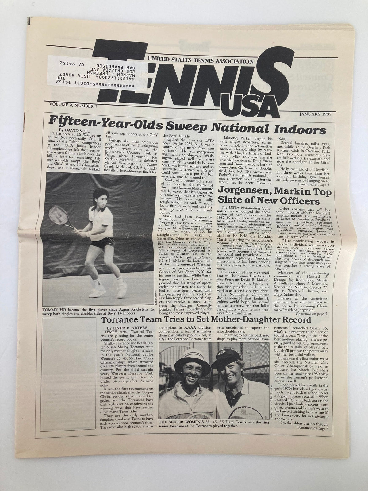 Tennis USA Magazine January 1987 featuring Tommy Ho on the cover, showcasing stories about youth tennis, tournament results, and notable events in the tennis world.