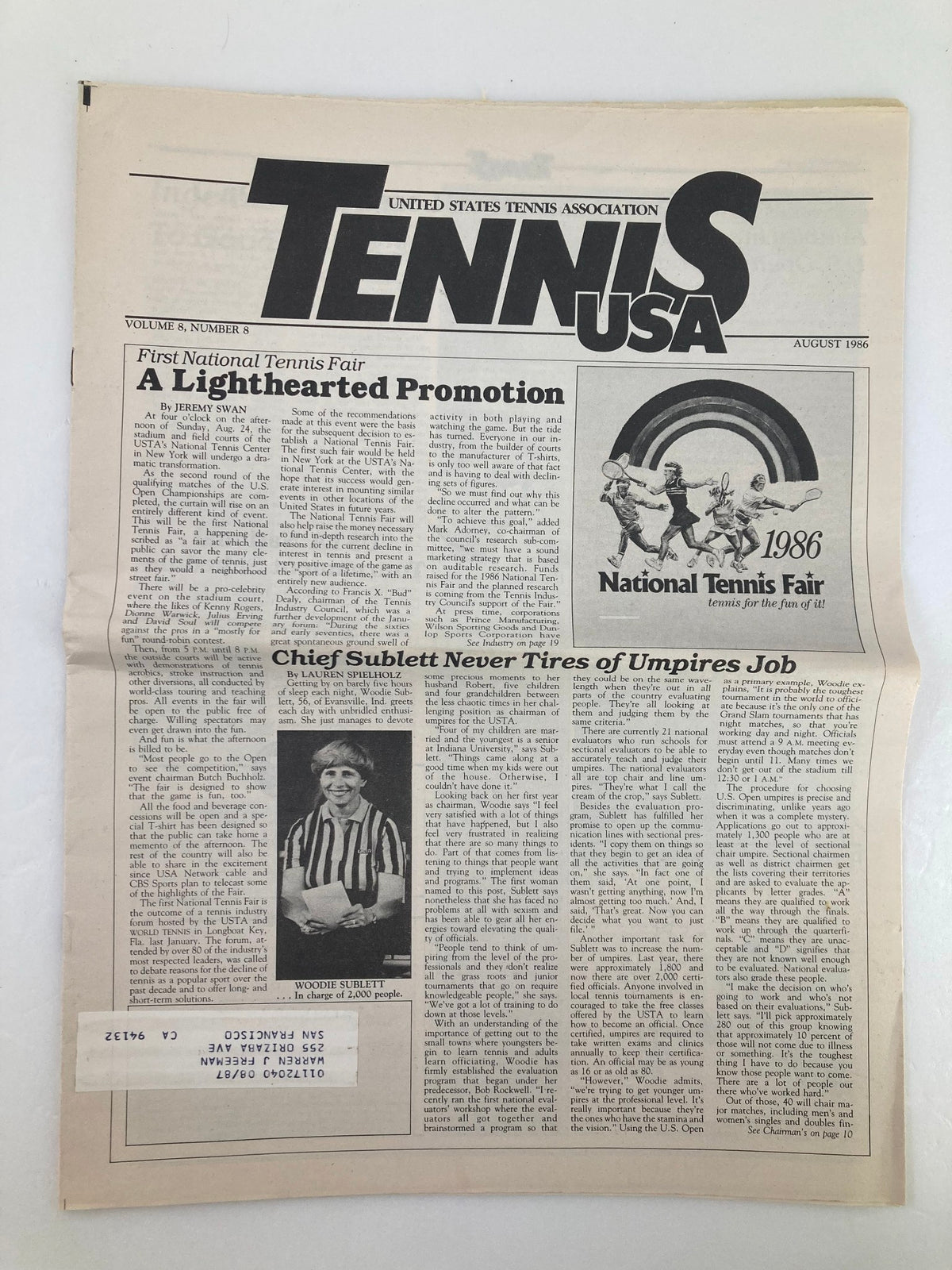 Vintage Tennis USA Magazine from August 1986, Volume 8 Issue 8 featuring a lighthearted promotion. This sports collectible showcases tennis culture, highlighting the National Tennis Fair and influential figures in tennis history.