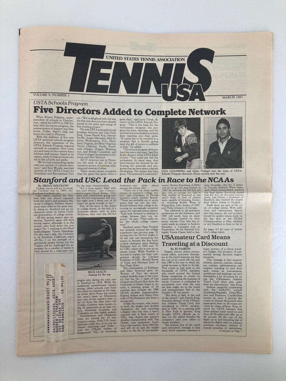 Vintage Tennis USA Magazine March 1987, Volume 9, Number 3 showcasing articles on USTA Schools Program and featuring Lisa Goldberg and Chris Vodegel with images and news related to tennis.