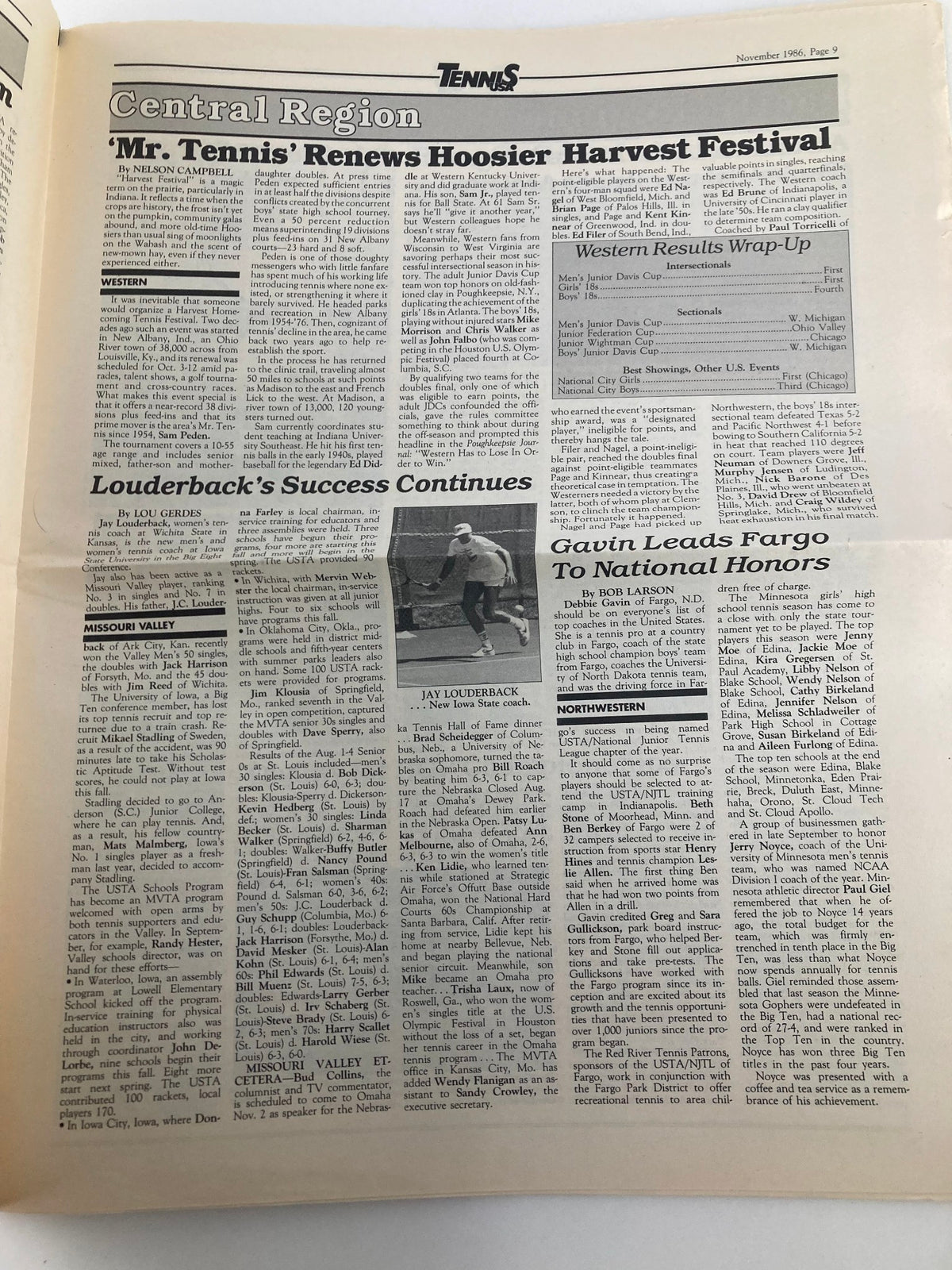 Page 9 of VTG Tennis USA Magazine November 1986 showcasing regional tennis events and player highlights, including Jay Louderback.