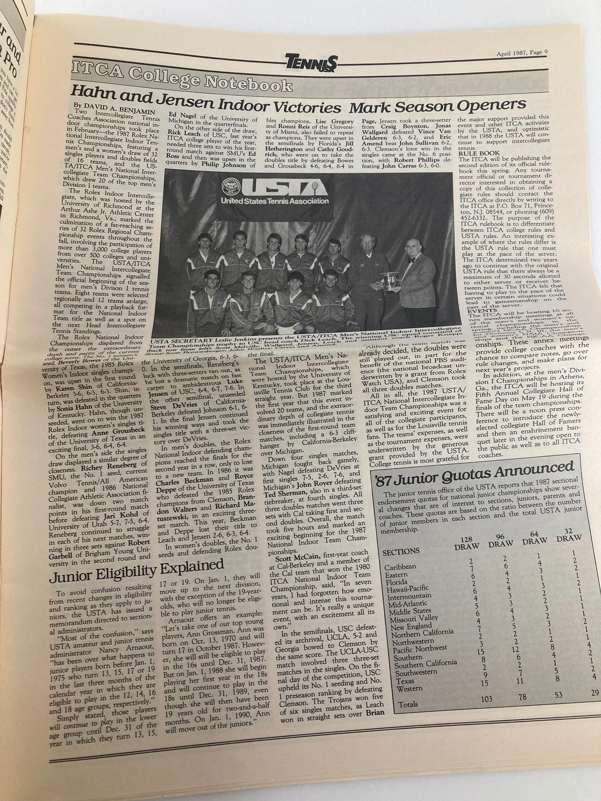 Interior page of VTG Tennis USA Magazine April 1987 Vol 9 #4 showcasing the ITCA College Notebook section with details on indoor victories and junior eligibility guidelines in tennis.