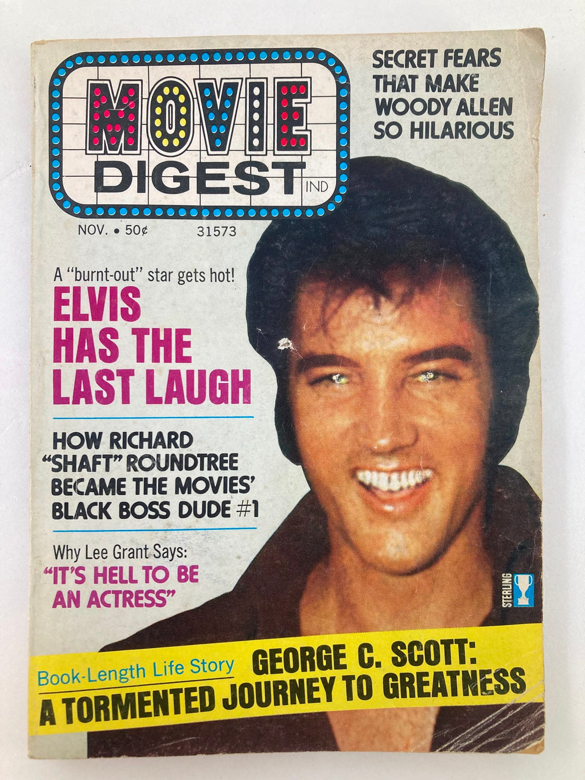 November 1972 issue of Movie Digest Magazine showcasing Elvis Presley on the cover, highlighting his iconic status in cinema. The cover features bold text stating 'ELVIS HAS THE LAST LAUGH' along with images of Richard Roundtree and Lee Grant. Perfect for vintage magazine collectors.