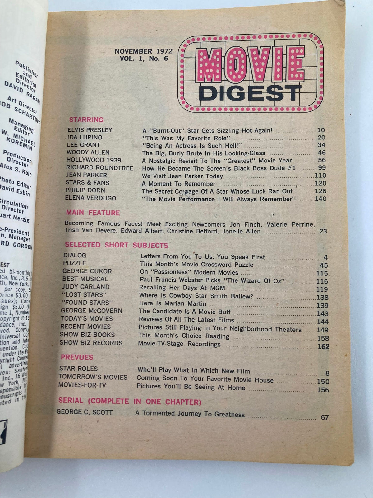 Table of contents from the November 1972 issue of Movie Digest Magazine, Volume 1, Issue 6, featuring Elvis Presley.