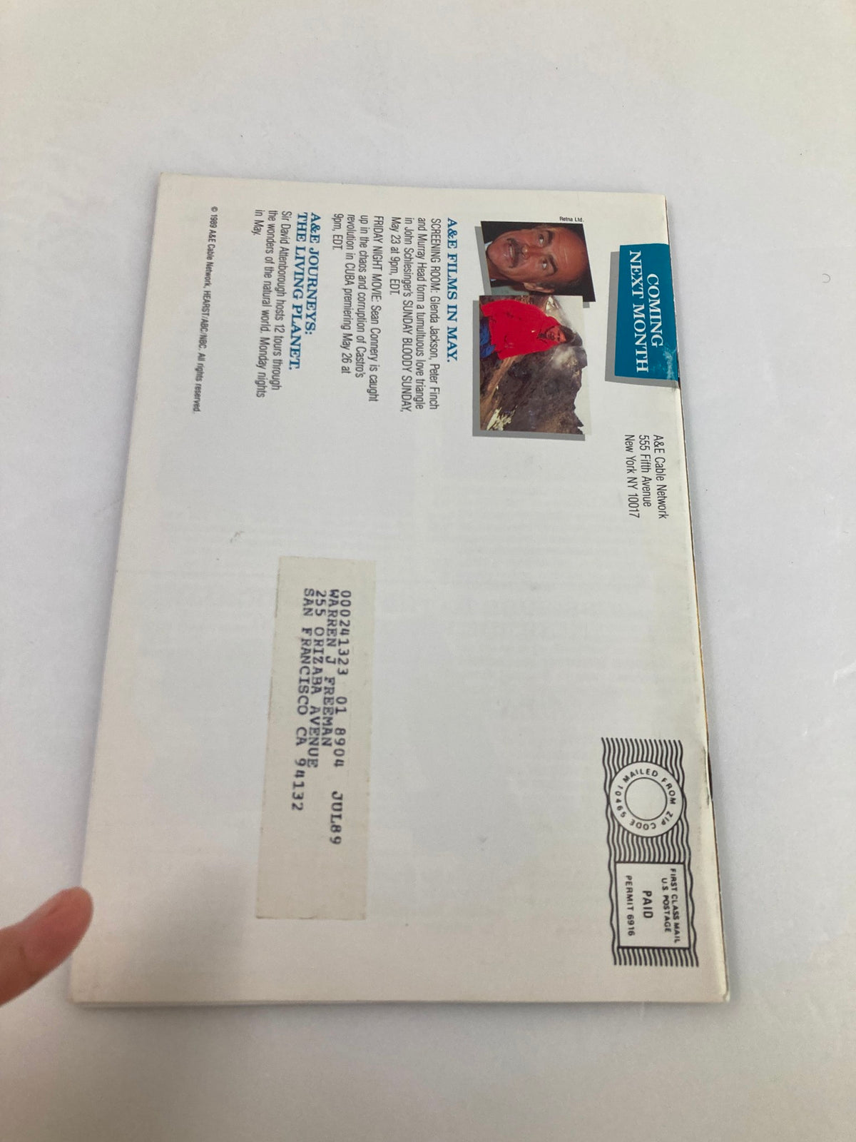 Back cover of VTG A&E Cable Network Program Guide April 1989, showcasing upcoming programming and historical context of cable television.