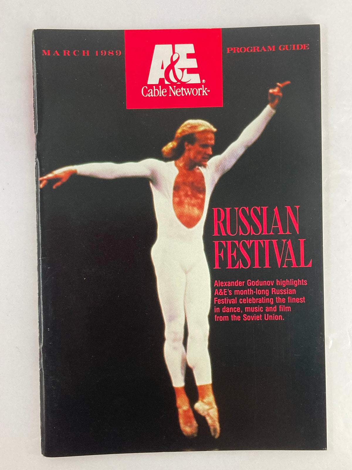 VTG A&E Cable Network Program Guide March 1989 featuring Russian ballet star Alexander Godunov on the cover, highlighting the Russian Festival of dance, music, and film.